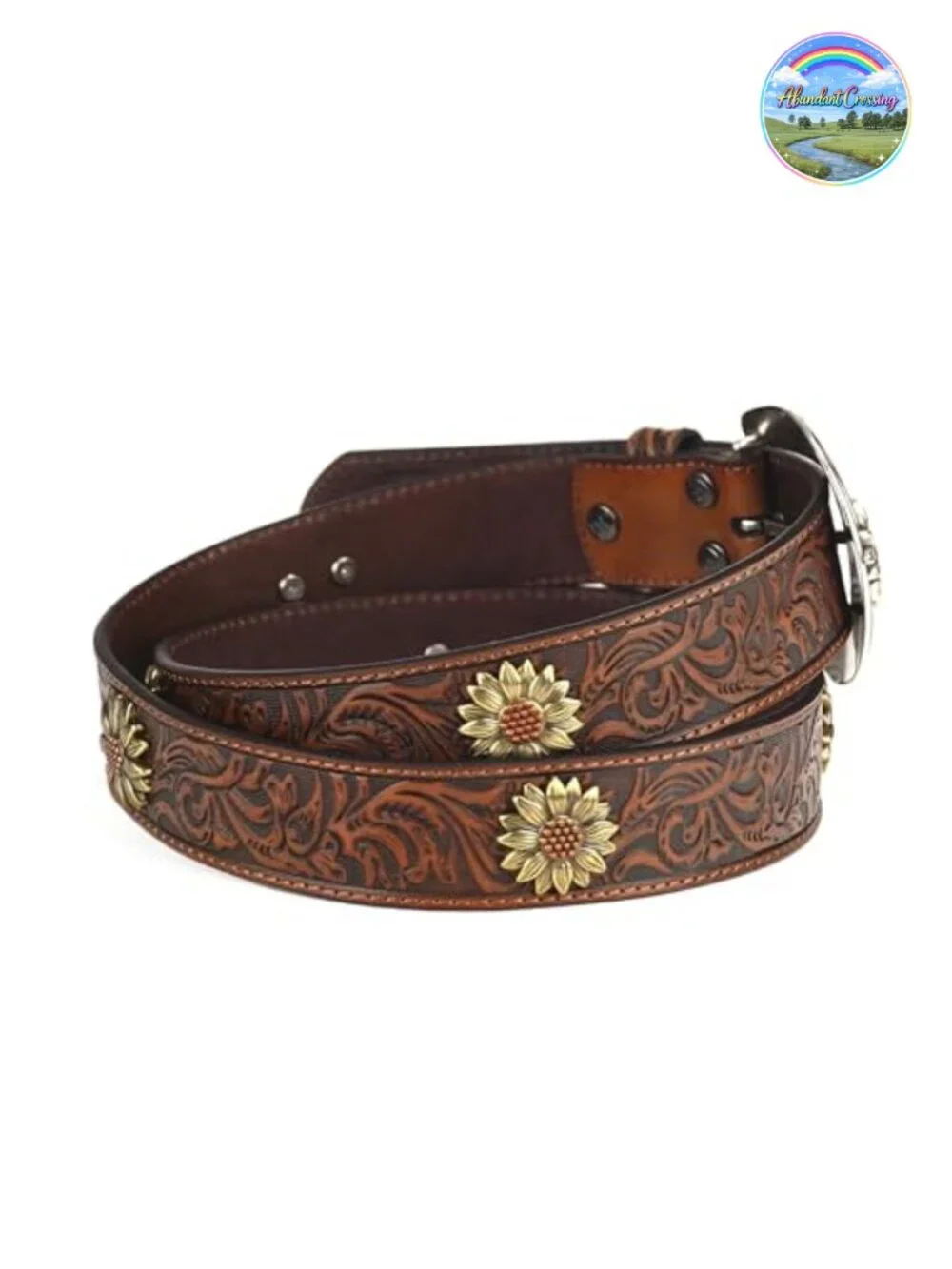 Genuine Leather Floral Tooled Western Belt with Concho Buckle 1.5in